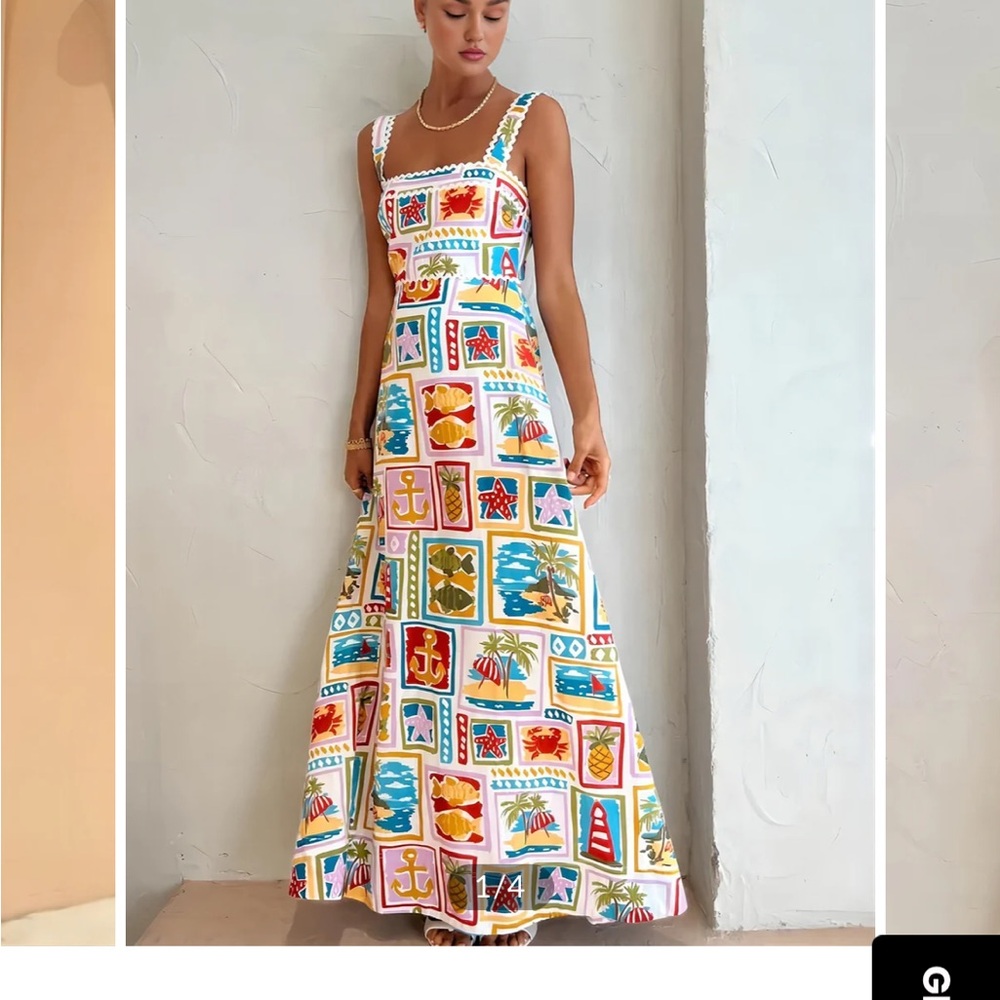 Commense White Maxi Dress with Multicolor Tropical Block Print